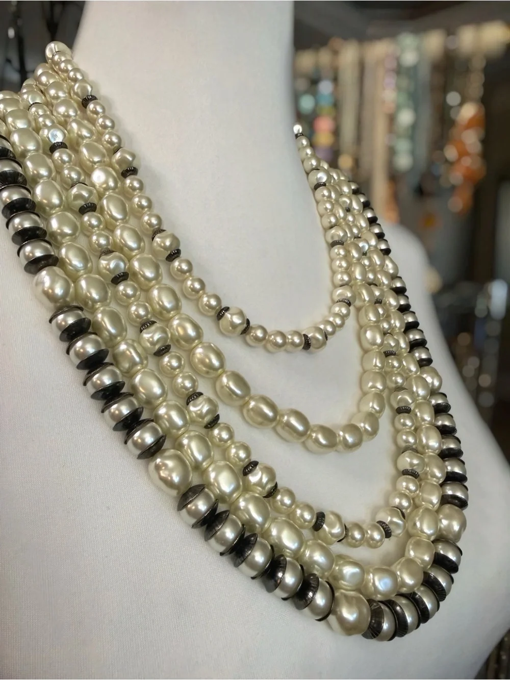 Vintage Chico's Dark Silver Tone 5-Strand Baroque Faux Pearl Statement Necklace